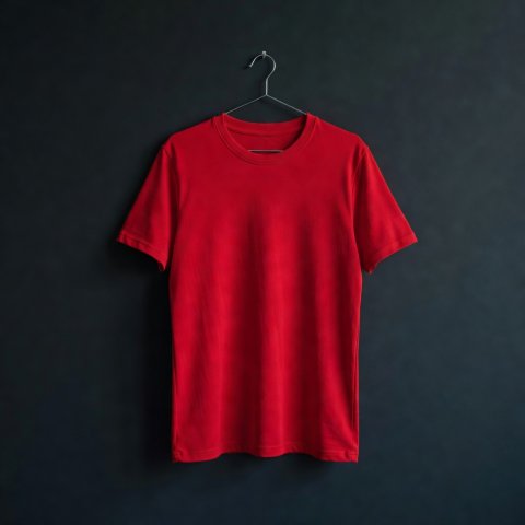 A plain red cotton crew-neck football shirt on a wire hanger against a dark wall