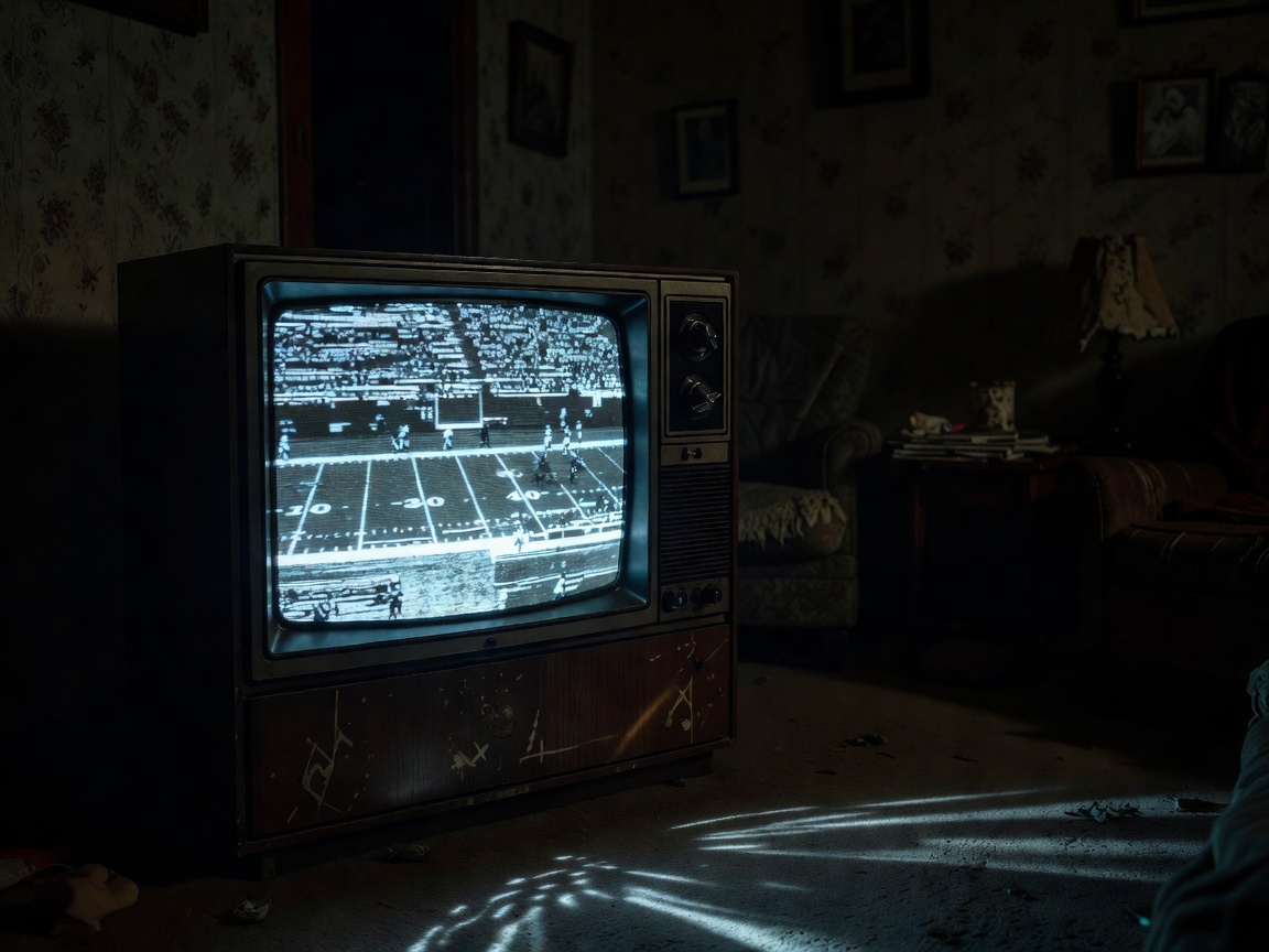 An old cathode-ray television glowing in a dark living room with a grainy football picture