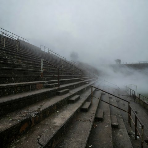 Steep empty concrete terrace steps disappearing into fog at an old football ground