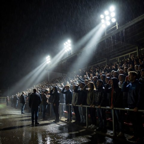 Rain falling through floodlight beams above a crowded standing terrace at night