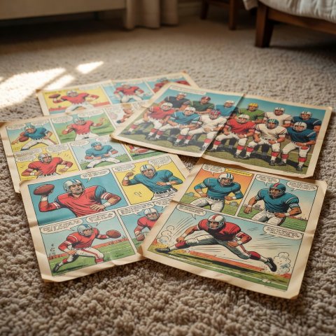 Pages of a vintage football comic and a magazine poster spread on a bedroom carpet