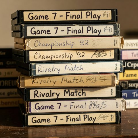 A stack of old video cassettes with handwritten football labels on the spines