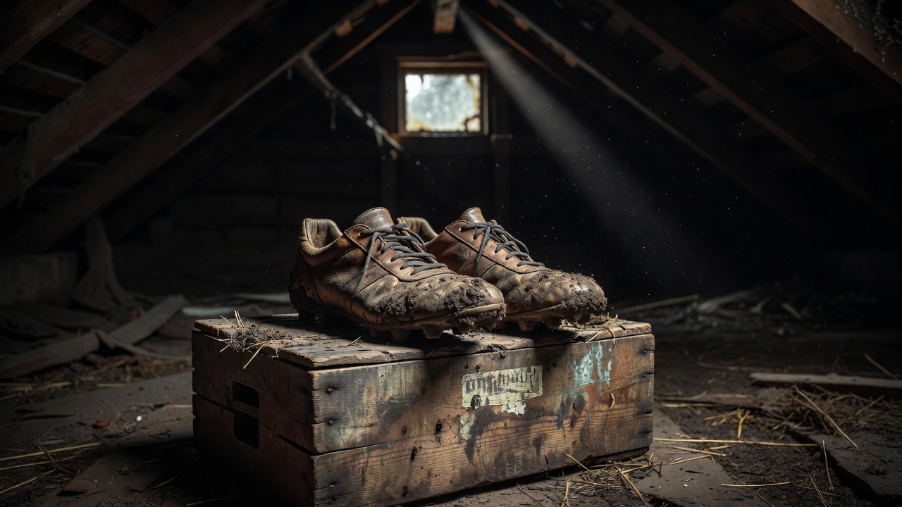 A pair of muddy leather football boots on top of an old wooden crate in a dim loft