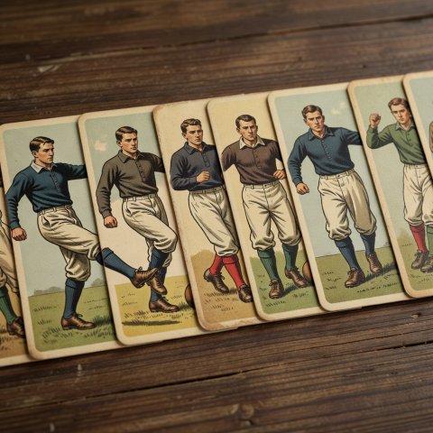 A row of faded illustrated cigarette cards showing early twentieth-century footballers