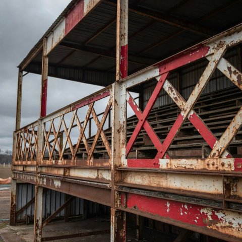 An old grandstand with a criss-cross steel balcony front painted in faded club colours