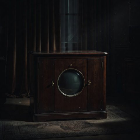 A pre-war wooden television cabinet with a small round screen in a dim room