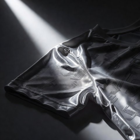 A shiny polyester football shirt with a woven shadow pattern catching a sharp beam of light