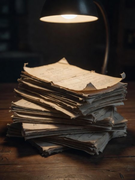 A stack of worn paper match programmes with curling corners under a single lamp