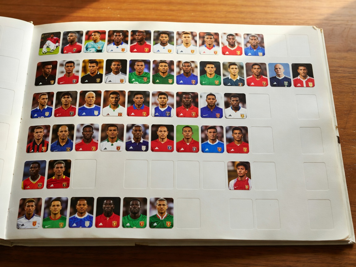 An open football sticker album with a few empty spaces among rows of player portraits