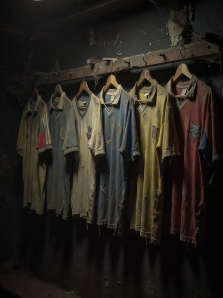 A row of faded vintage football shirts hanging in deep shadow on a wooden rail