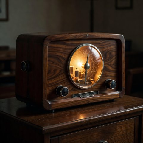 A wooden valve radio with a glowing dial on a dark sideboard